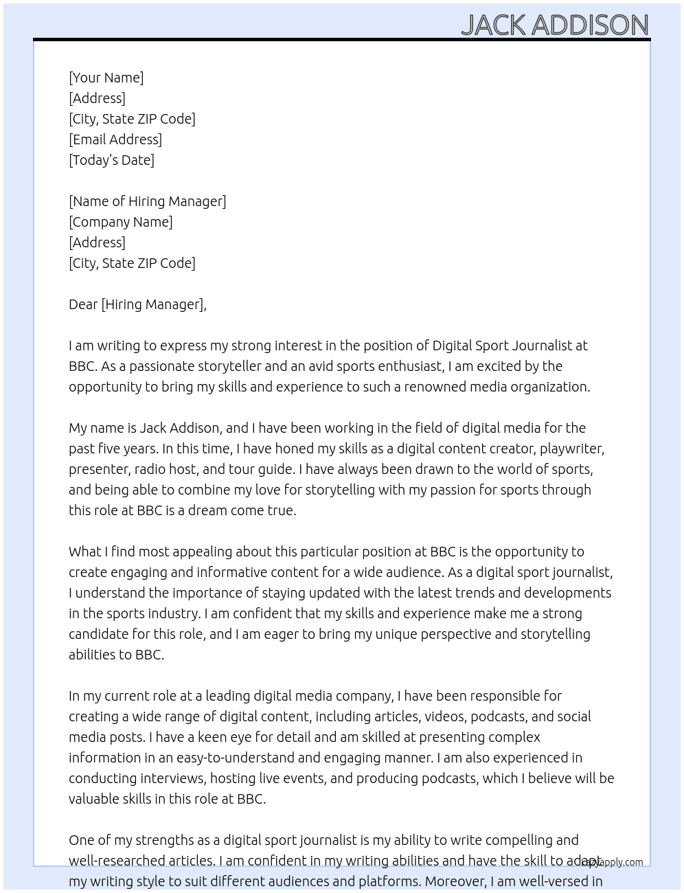 Cover letter for digital sport journalist - LazyApply