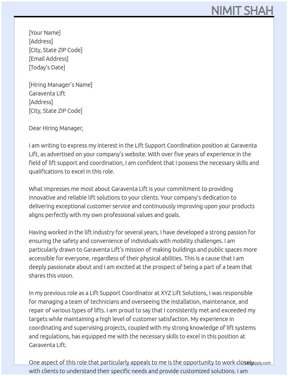 Lift Support Coordination At Garaventa Lift Cover Letter