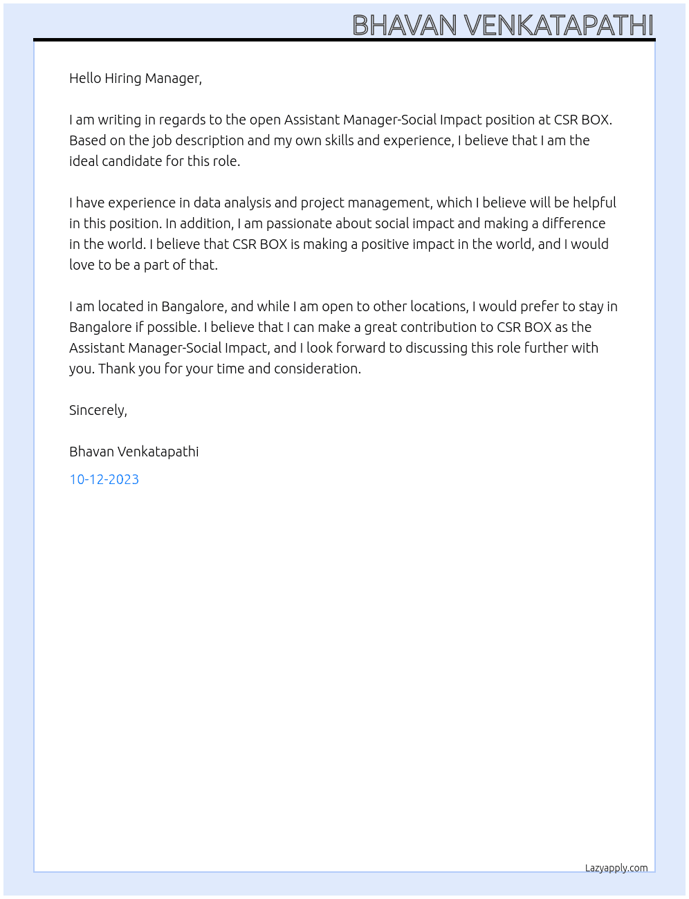 Assistant manager-Social impact At CSR BOX Cover Letter
