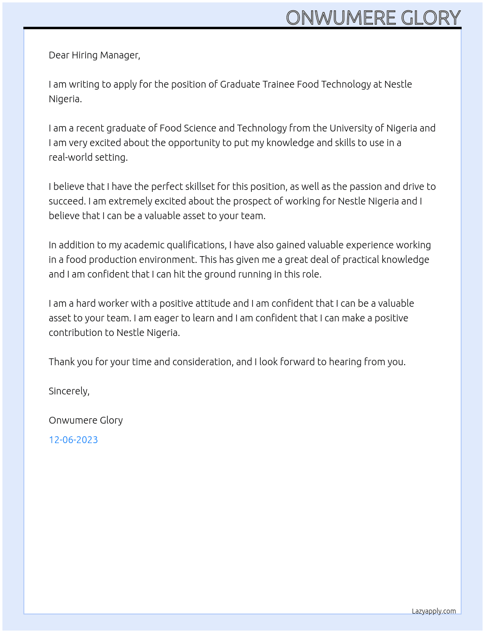 Graduate trainee Food technology At Nestle Nigeria Cover Letter