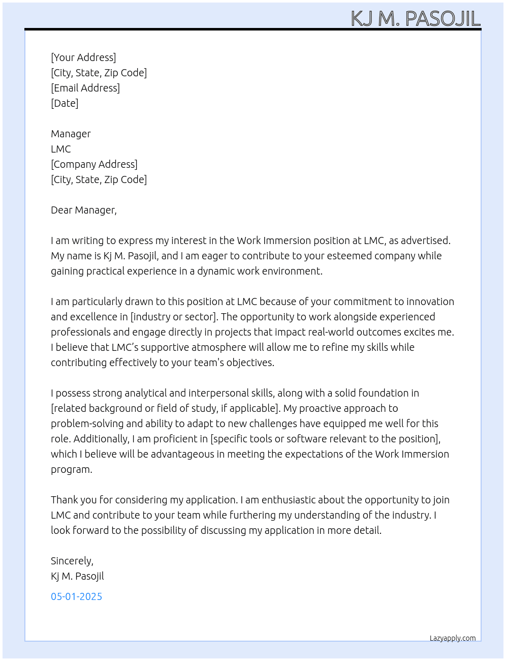 work immersion  At LMC Cover Letter