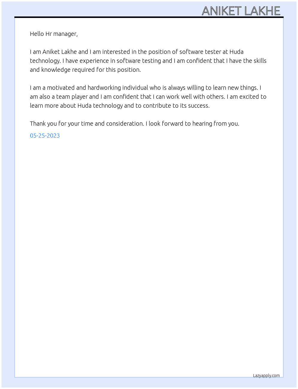 Software tester  At Huda technology  Cover Letter