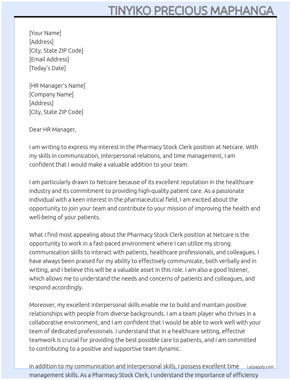 Pharmacy stork clerk At Netcare Cover Letter