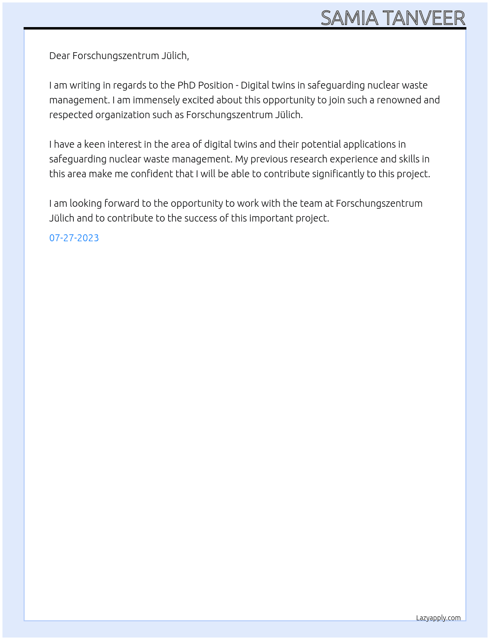 PhD Position - Digital twins in safeguarding nuclear waste management At Forschungszentrum Jülich Cover Letter
