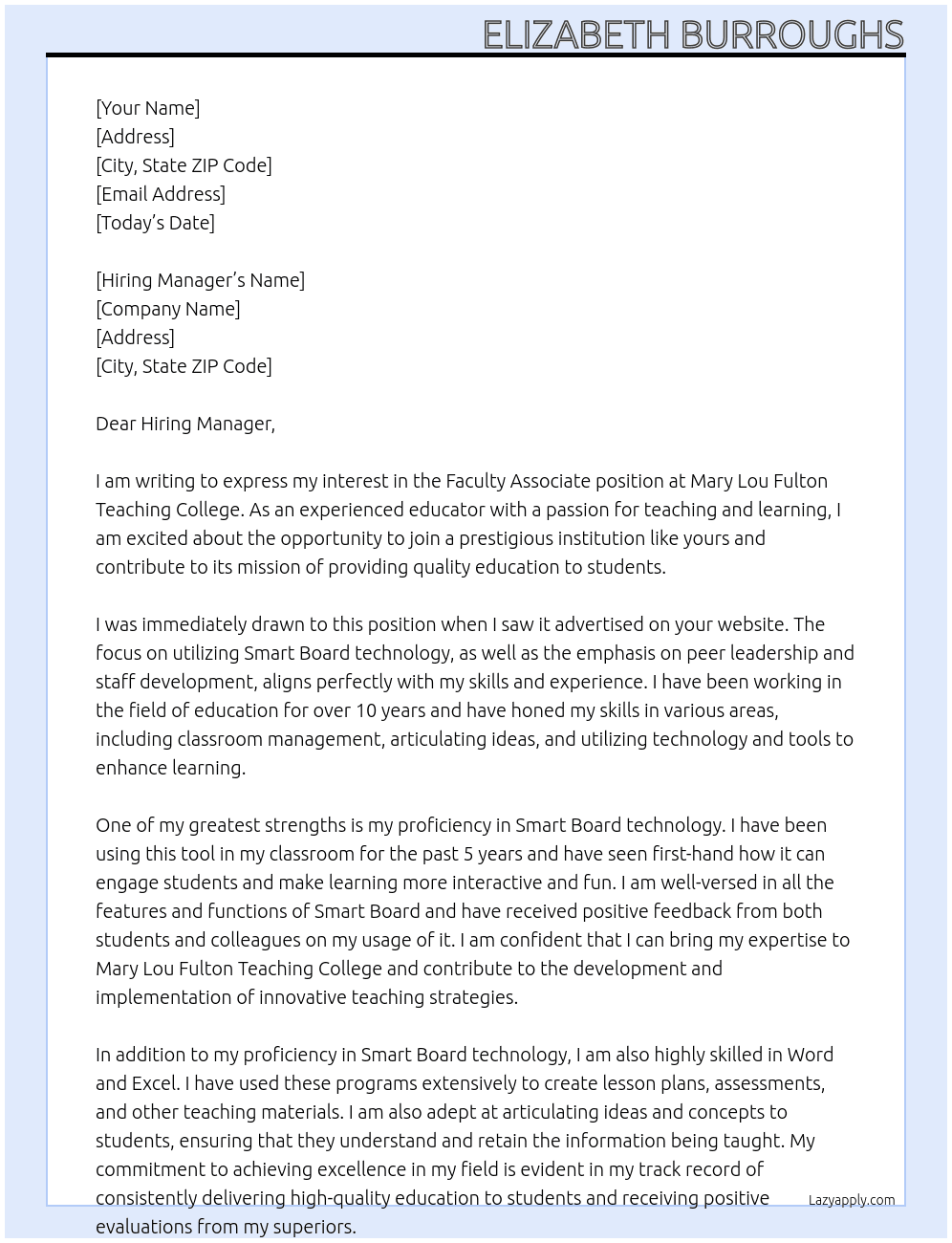 Faculty Associate At Mary Lou Fulton Teaching College Cover Letter