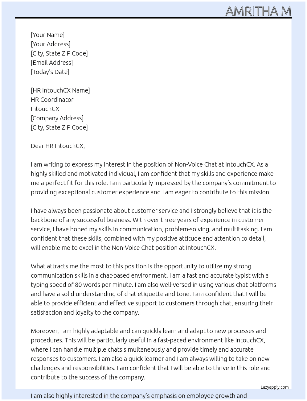 non voice chat At IntouchCX Cover Letter