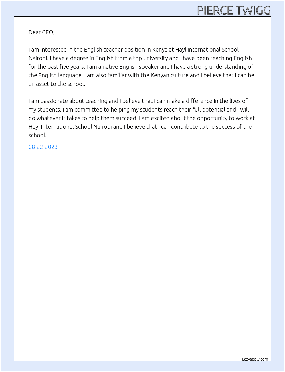 English teacher in Kenya  At Hayl International School Nairobi Cover Letter