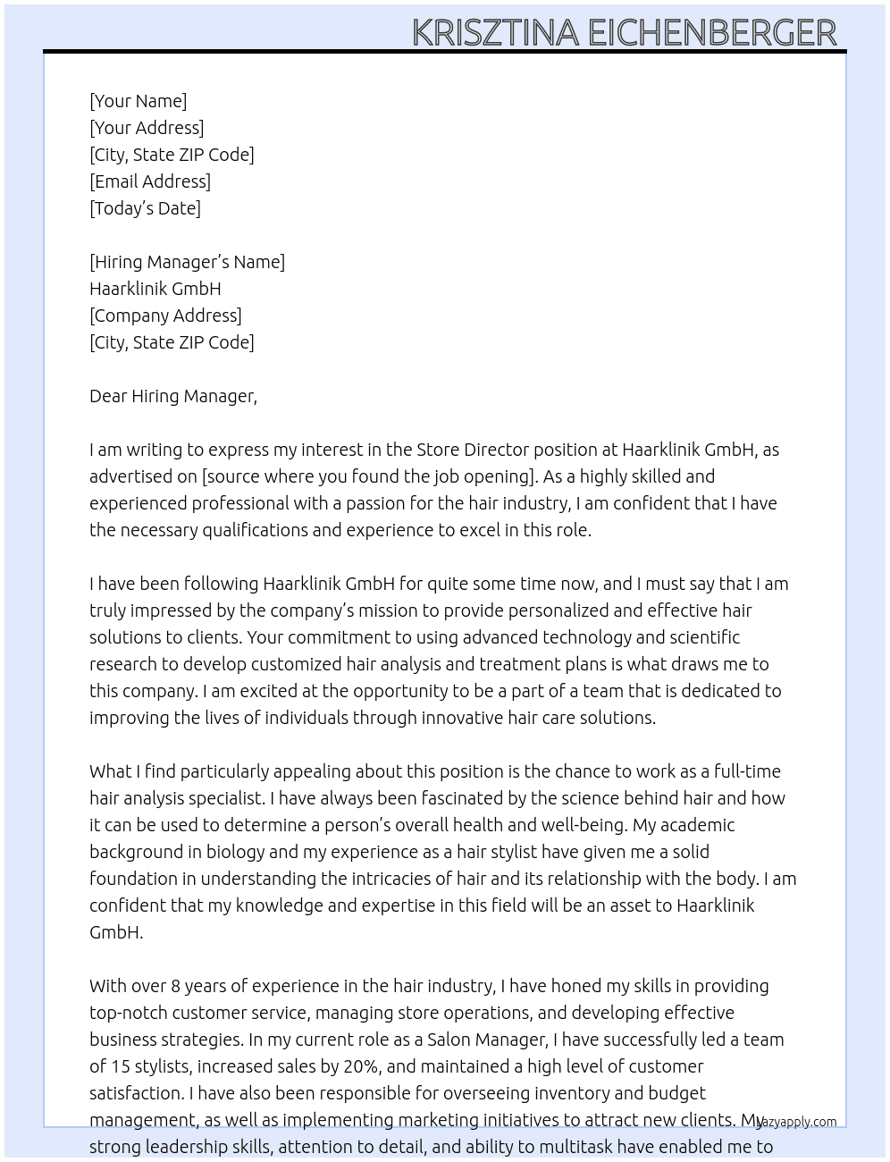 Store Director At Haarklinik GmbH Cover Letter