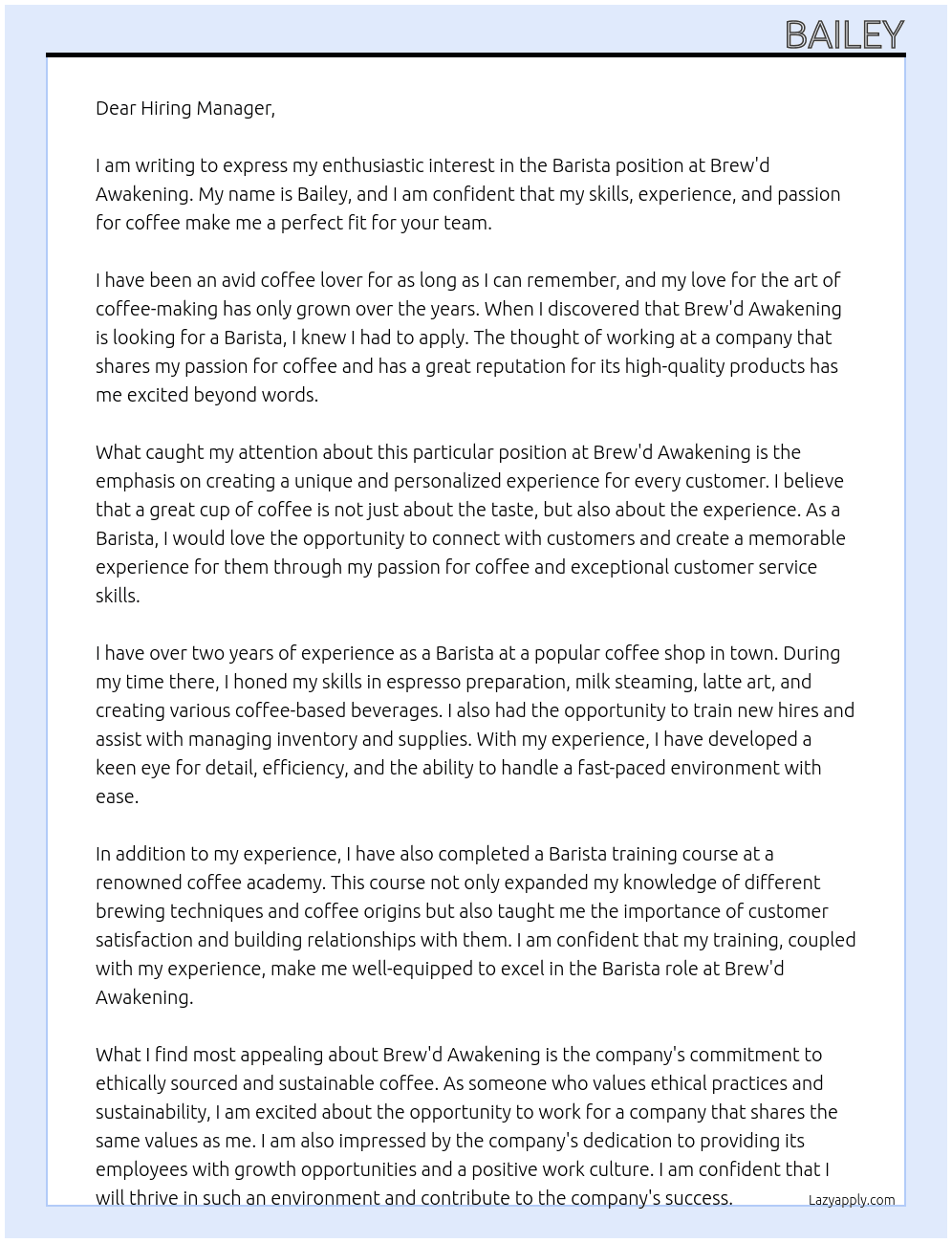 Barista At Brew'd Awakening Cover Letter