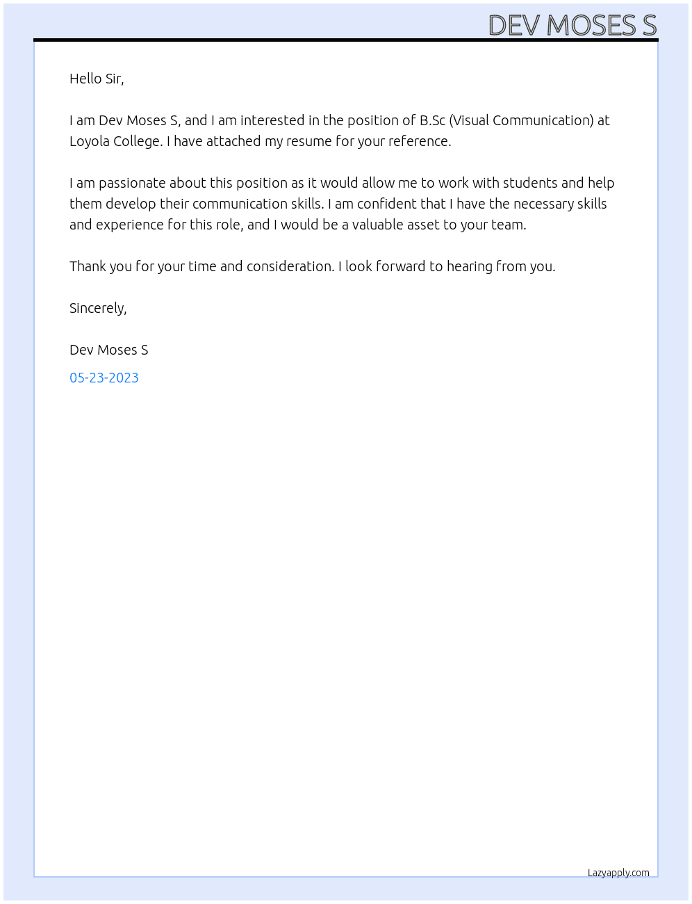 B.sc(Visual communication) At Loyola college Cover Letter