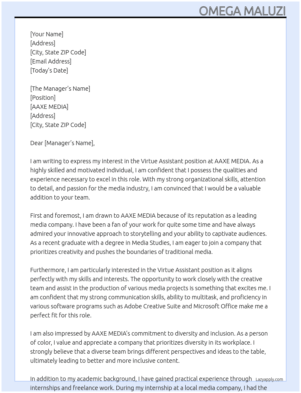 Virtue assistant At AAXE MEDIA Cover Letter