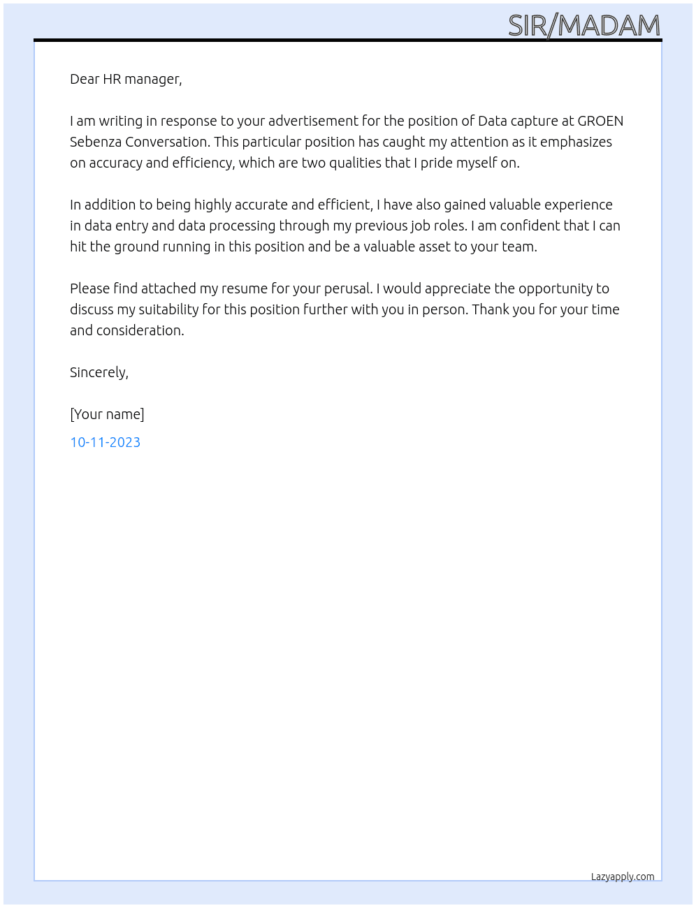Data capture  At GROEN Sebenza Conversation  Cover Letter