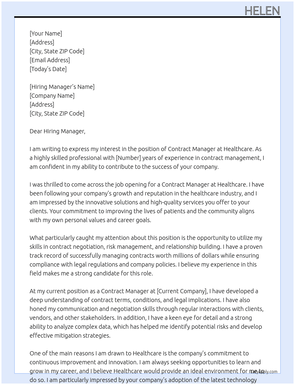Contract Managaer At Healthcare Cover Letter