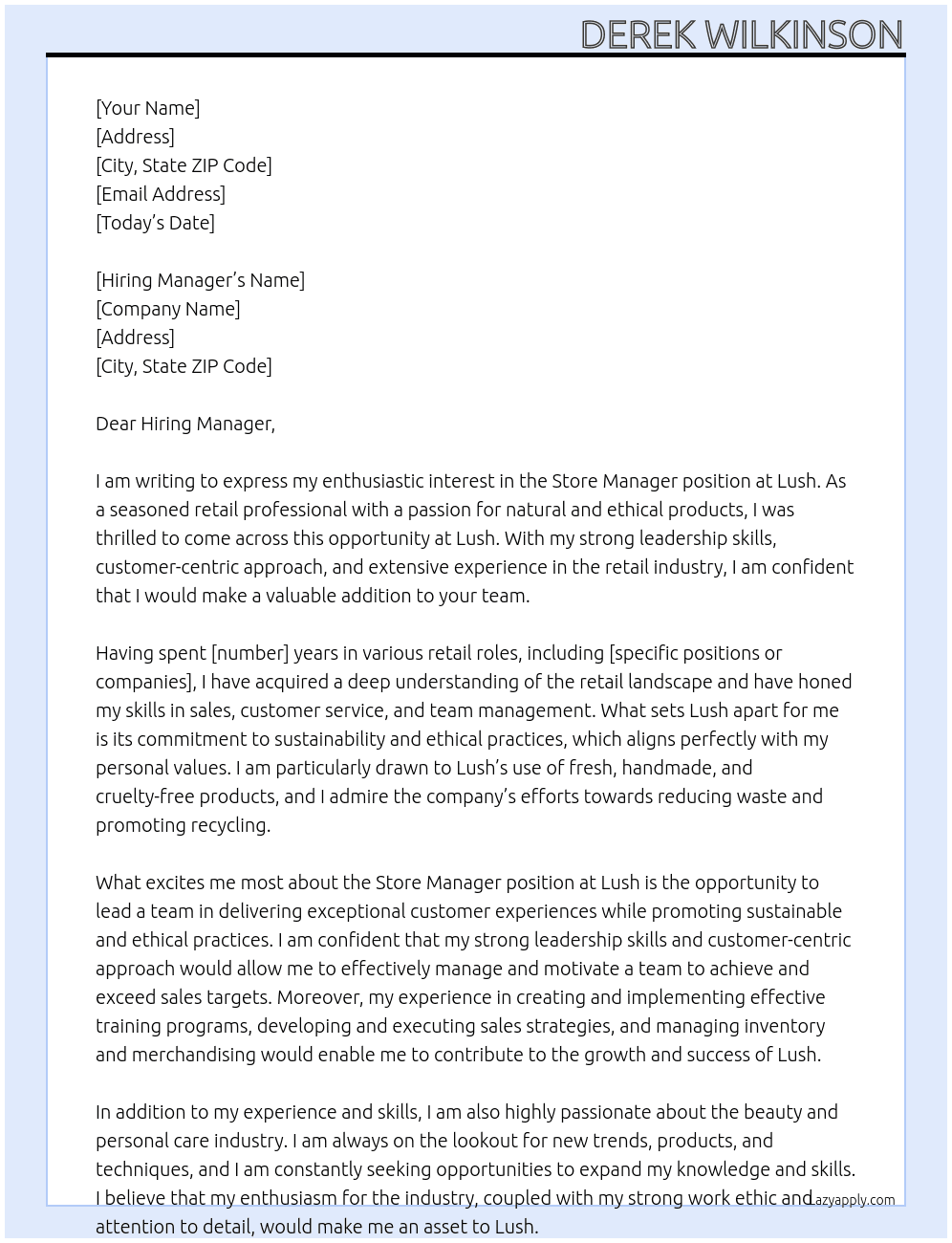 Store Manager At Lush Cover Letter