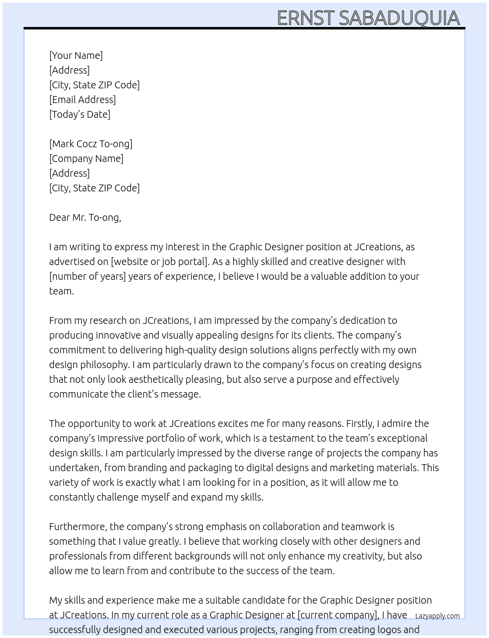 Graphic Designer  At JCreations  Cover Letter