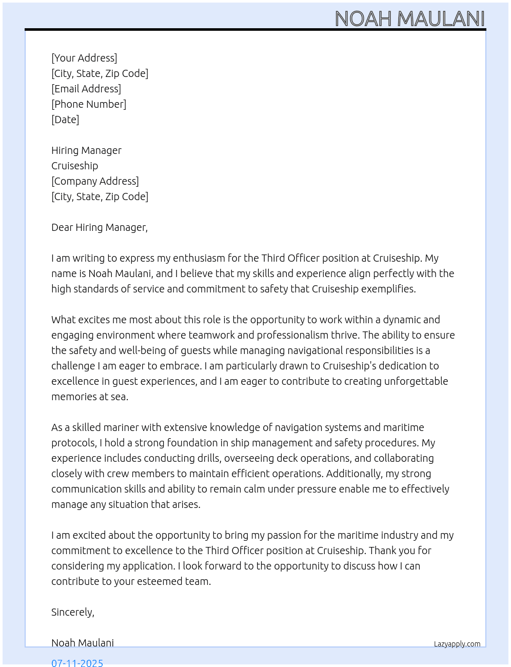 Cover letter for third officer - LazyApply