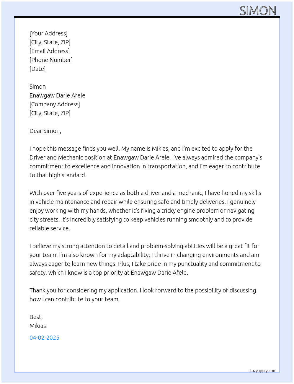 driver and mechanic  At Enawgaw Darie Afele Cover Letter