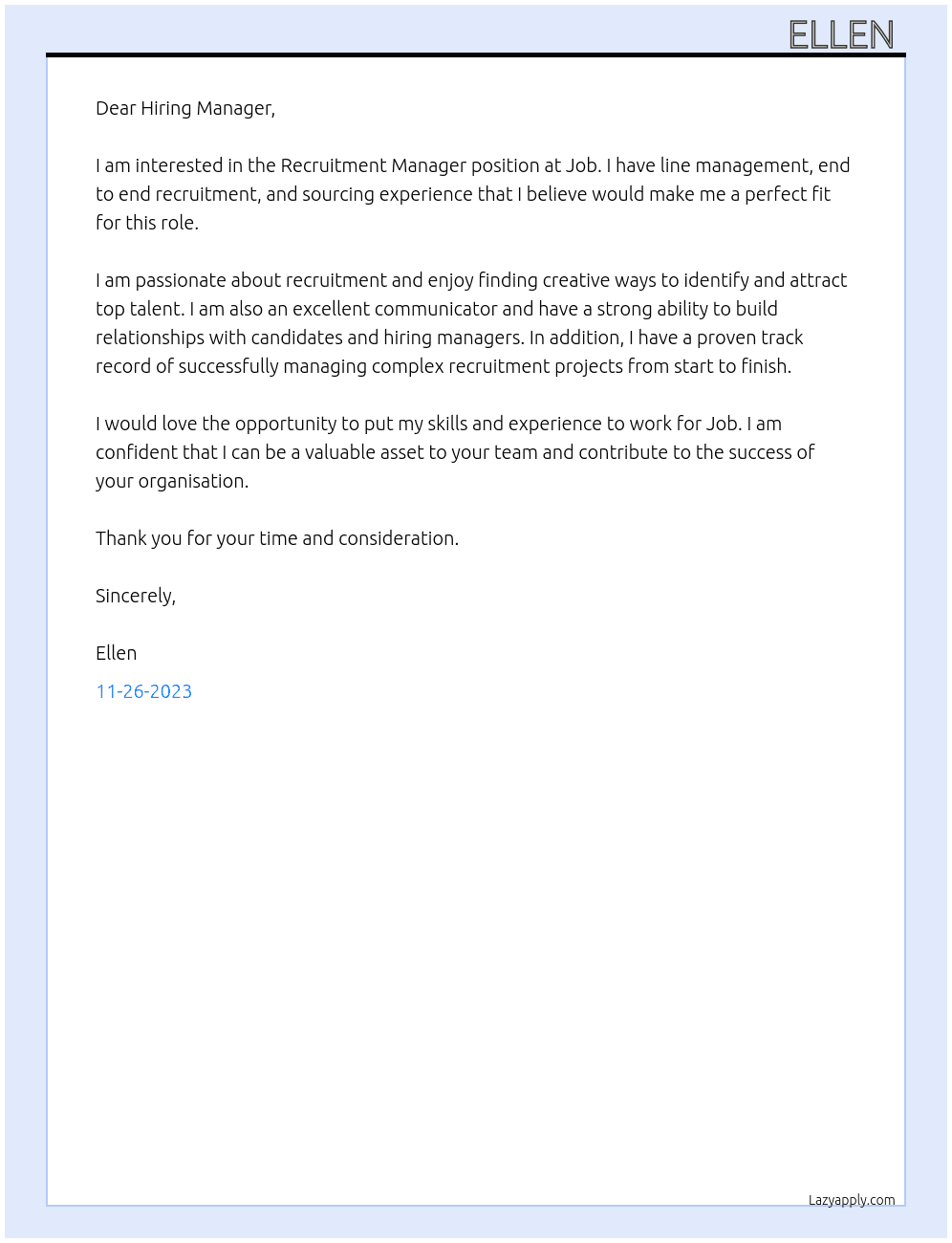 Recruitment manager  At Job Cover Letter