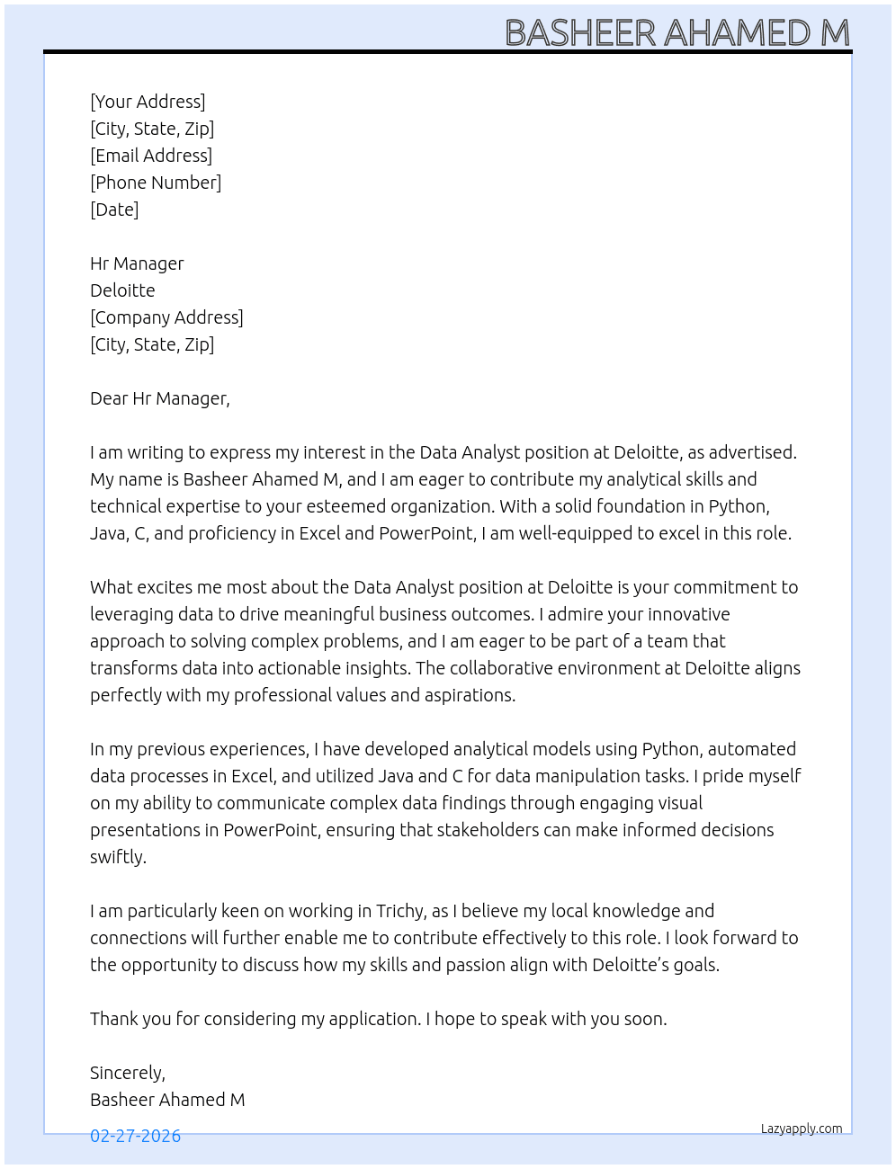 Data Analysts  At Deloitte  Cover Letter