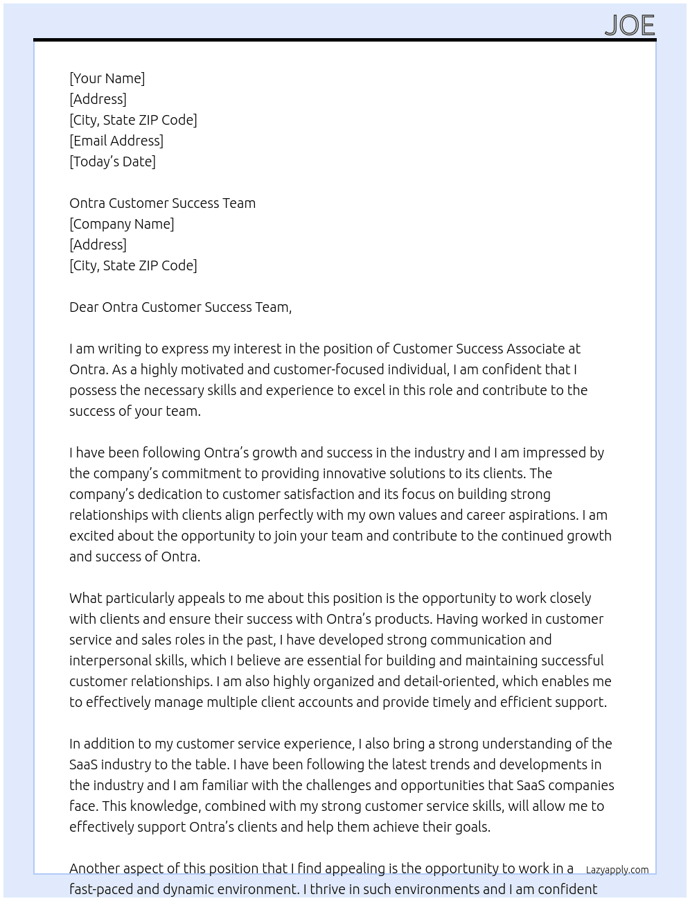 Customer Success Associate At Ontra Cover Letter