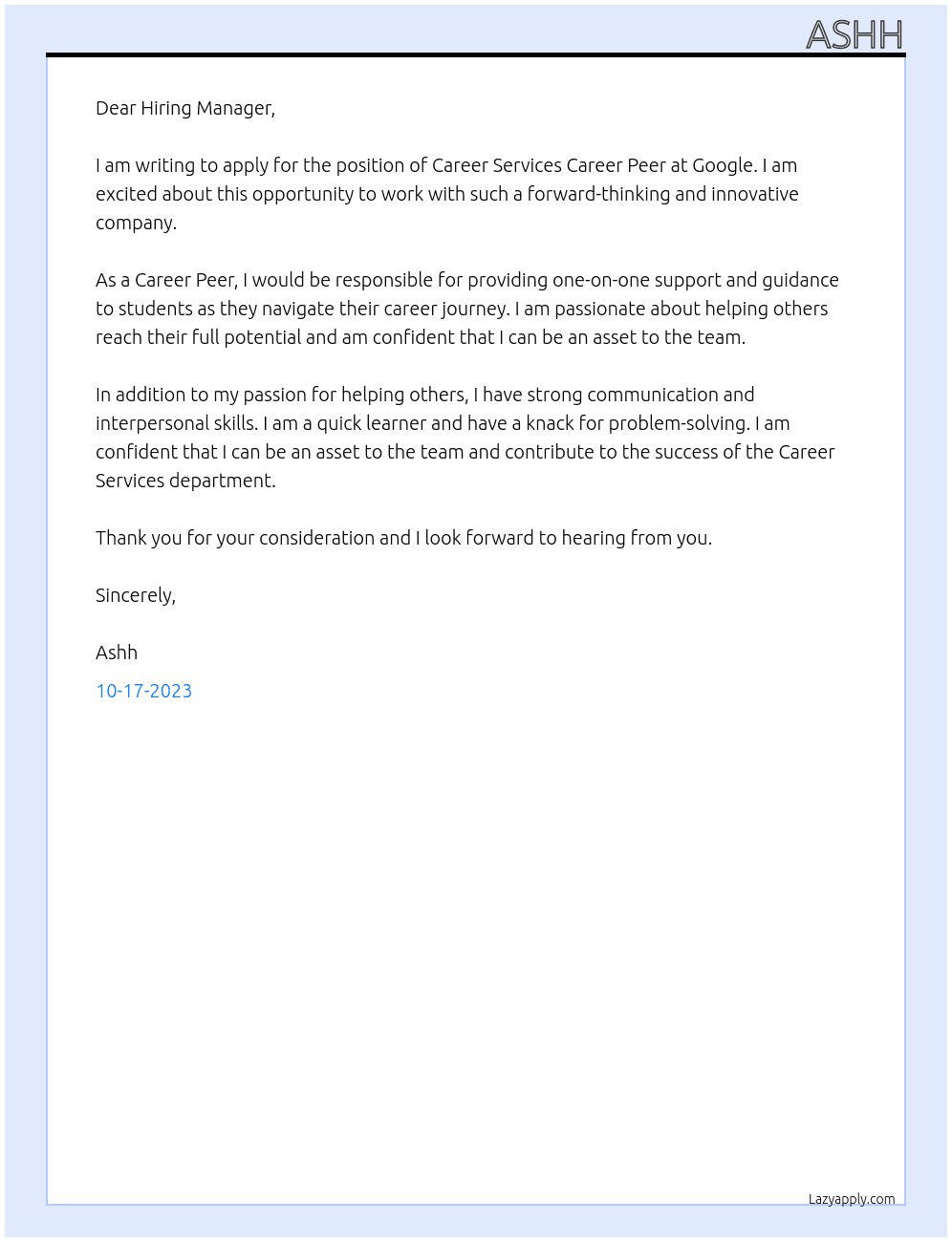 Cover letter for career services career peer - LazyApply