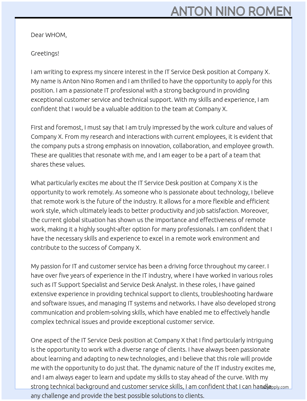 IT Service Desk At Company X Cover Letter