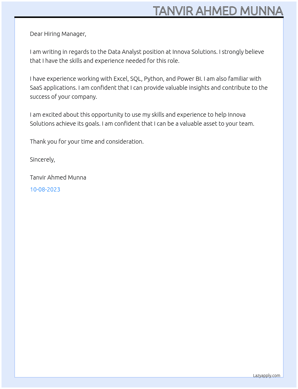 Data Analyst At Innova Solutions Cover Letter