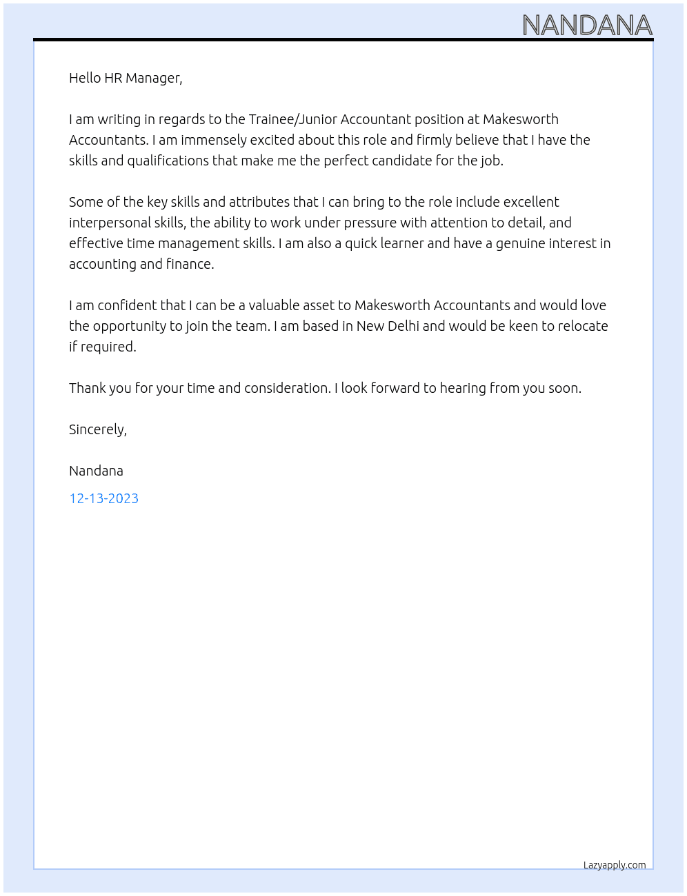 Trainee/Junior Accountant At Makesworth Accountants Cover Letter