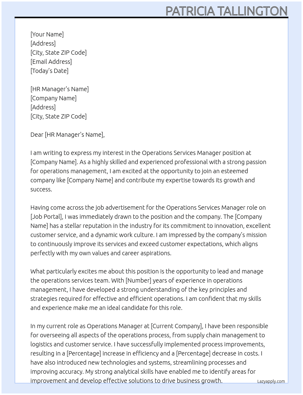 Operations Services Manager At example Cover Letter