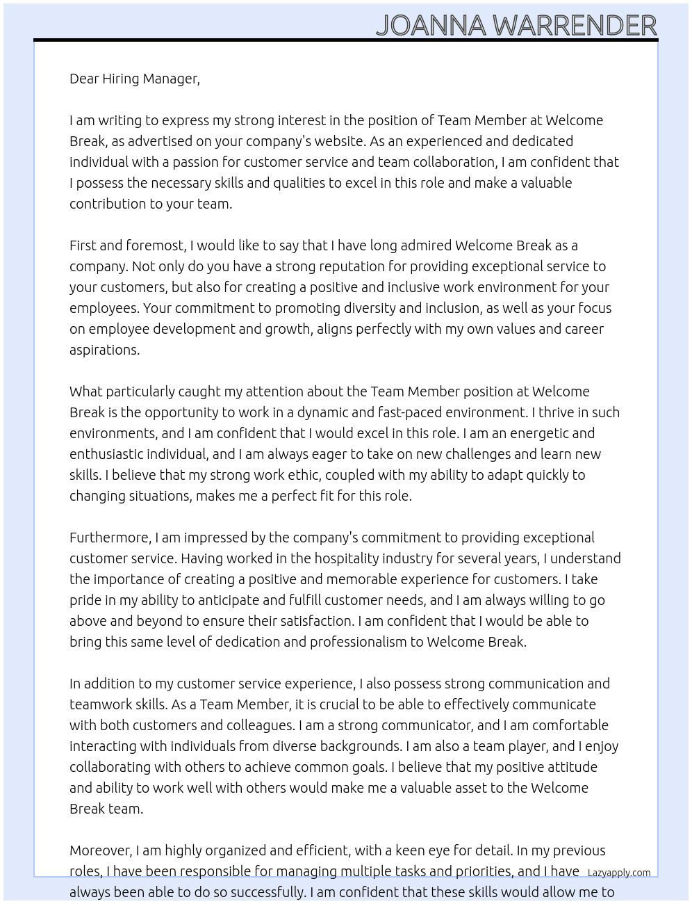 Team Member At Welcome Break Cover Letter