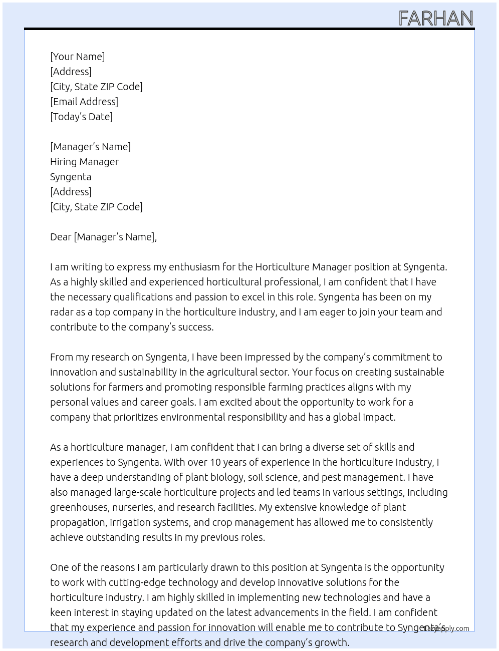 Horticulture manager At Syngenta Cover Letter