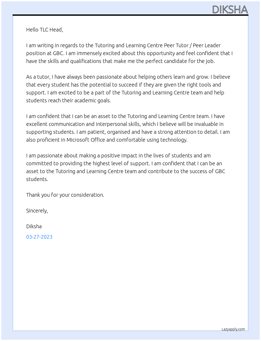 Tutoring and Learning Centre Peer Tutor / Peer Leader At GBC Cover Letter