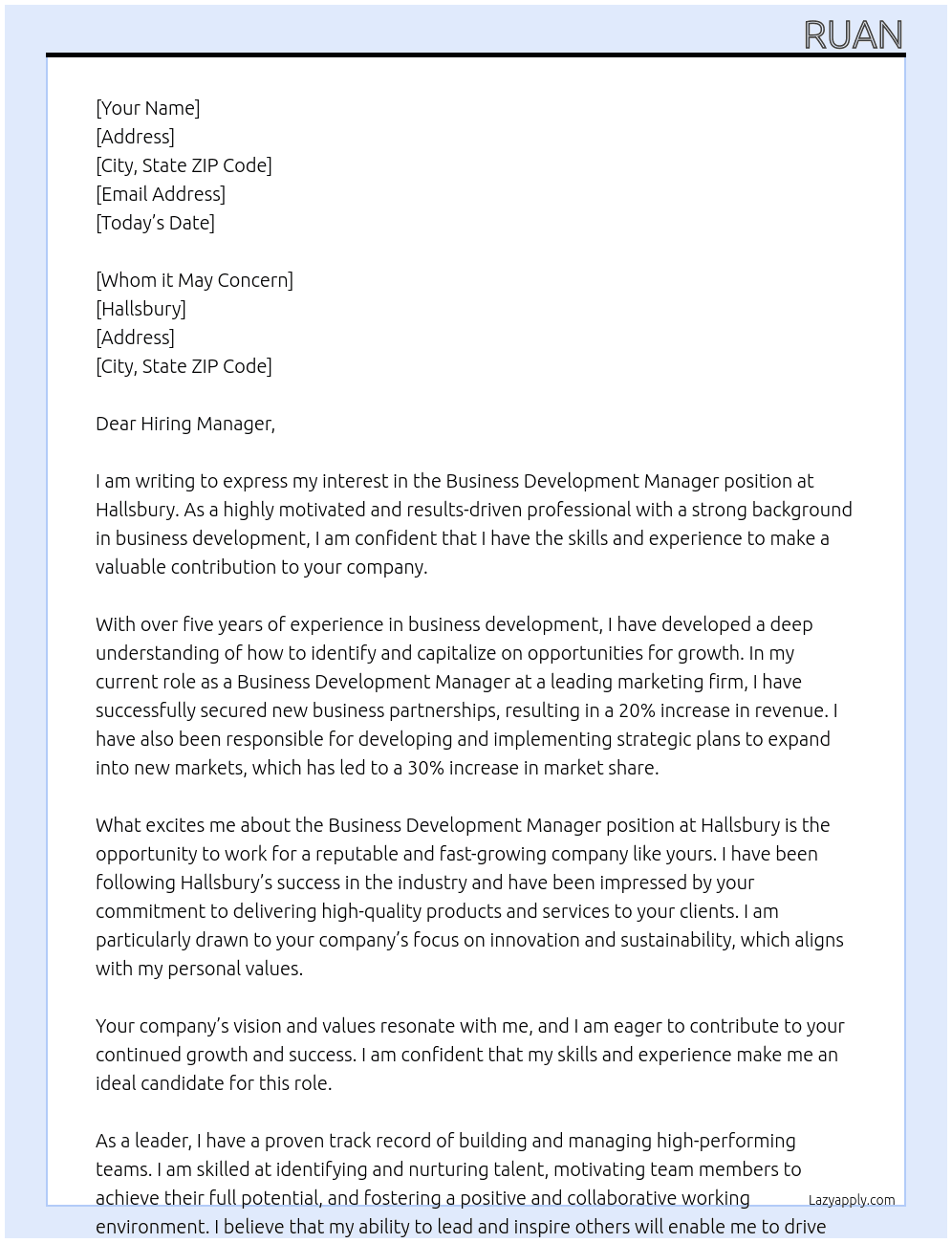 Business development mamaher At Hallsbury Cover Letter