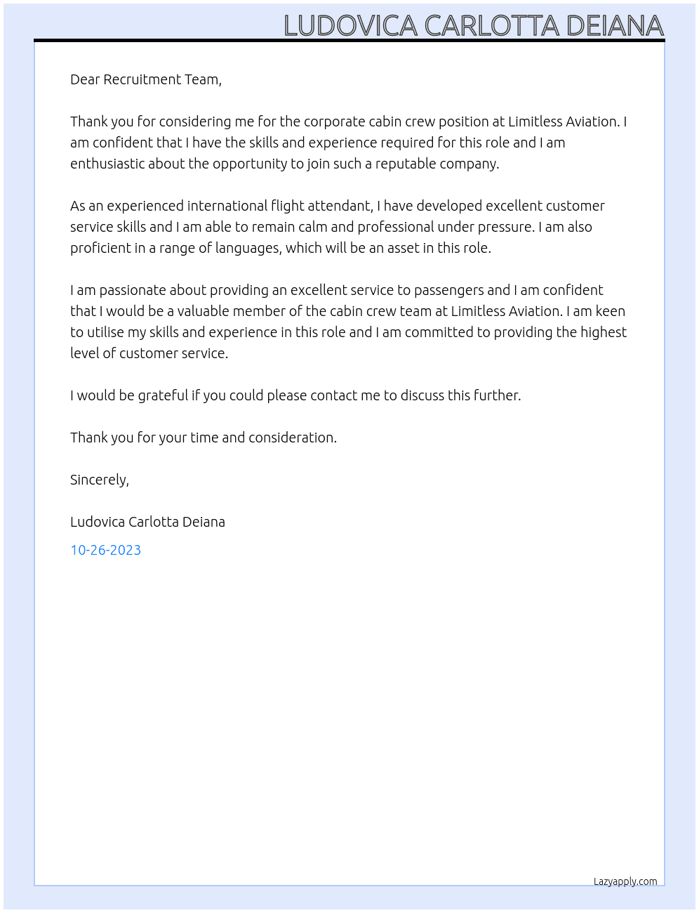 Corporate cabin crew At Limitless aviation Cover Letter