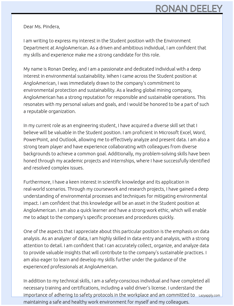 Student with the Environment Department At AngloAmerican Cover Letter