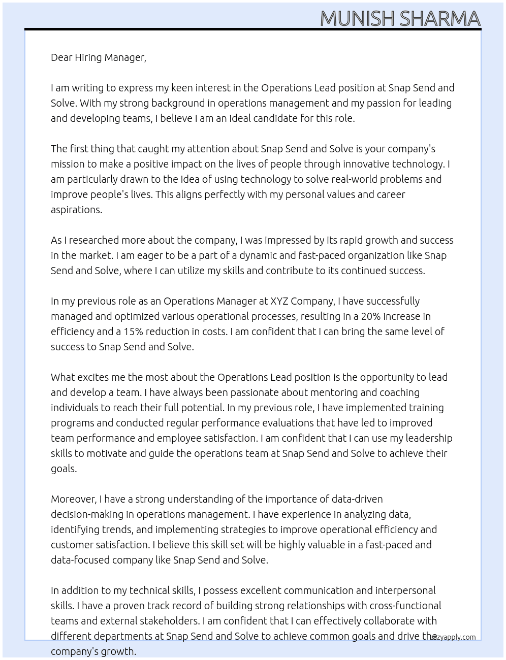 Operations Lead At Snap Send and Solve Cover Letter
