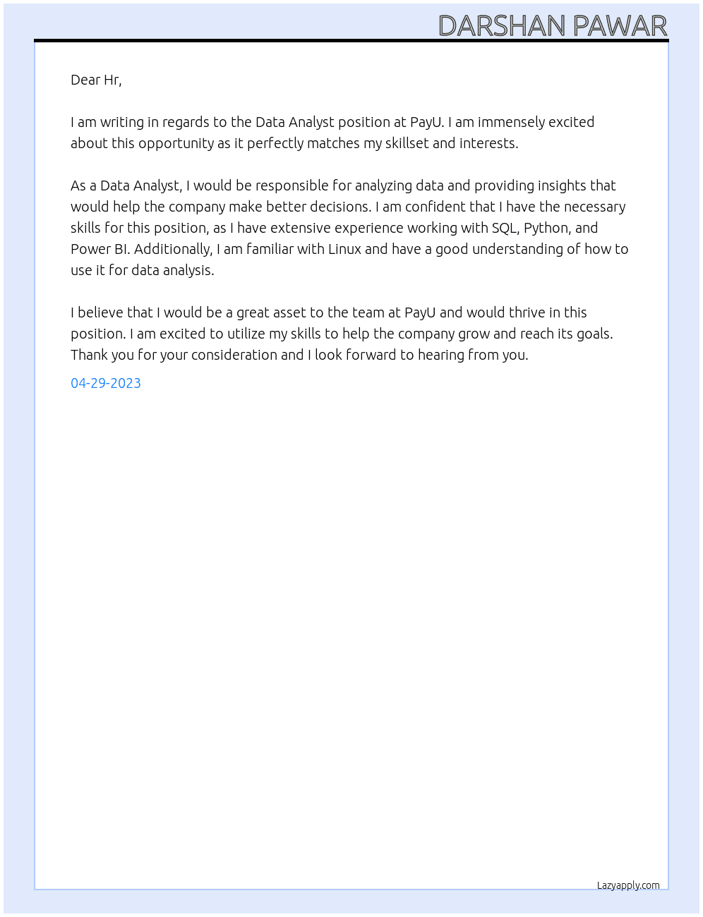 Data Analyst fresher At payu Cover Letter