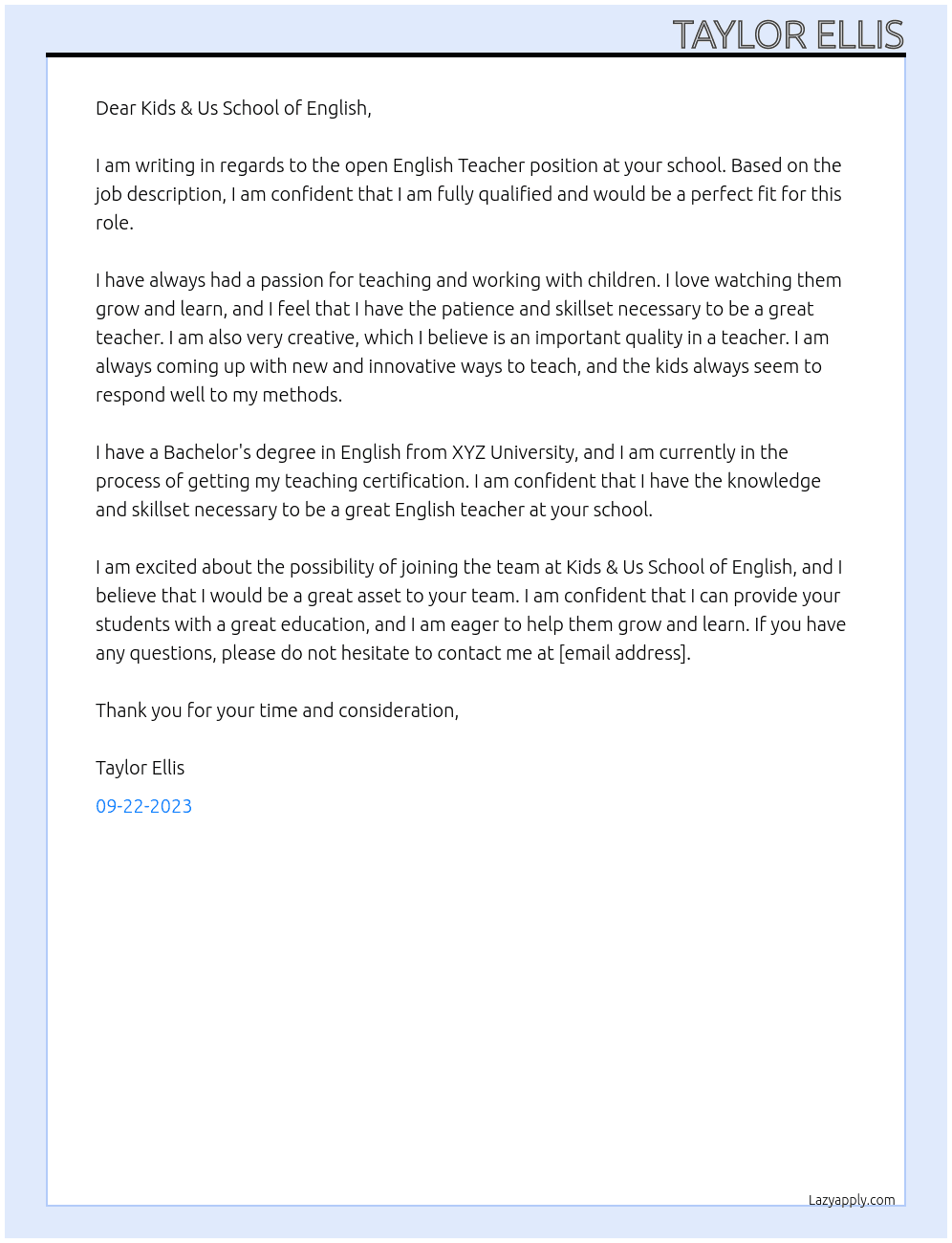 English Teacher At Kids & Us School of English Cover Letter