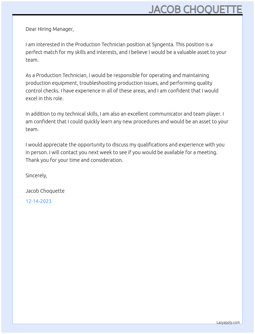 Production Technician At Syngenta Cover Letter