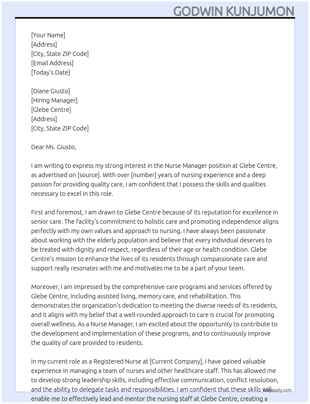 Nurse Manager At Glebe centre  Cover Letter