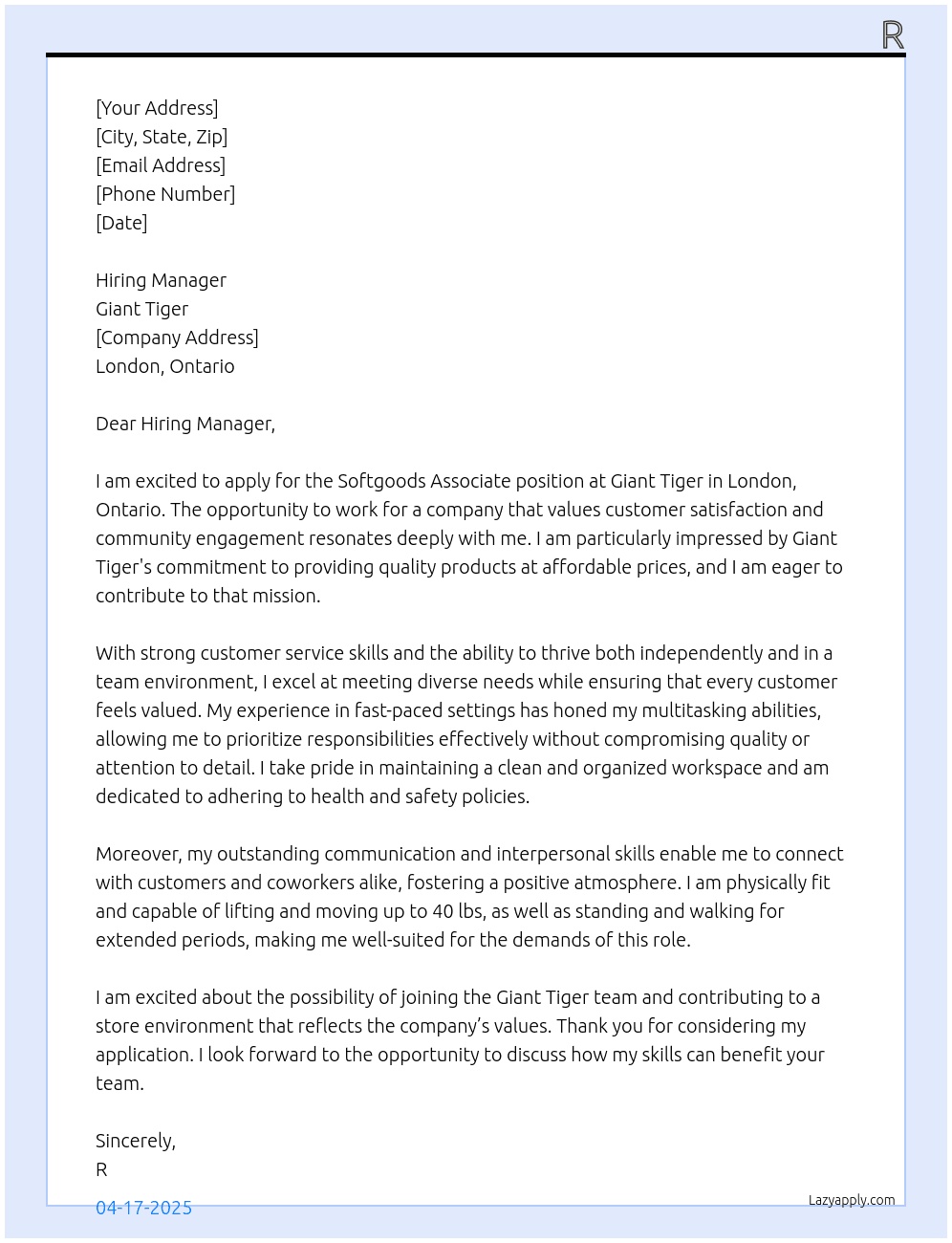 Cover letter for softgoods associate - LazyApply