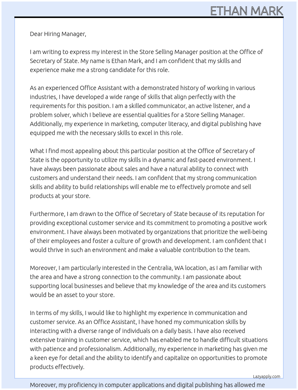 Store Selling Manager At Office of Secretary of State Cover Letter