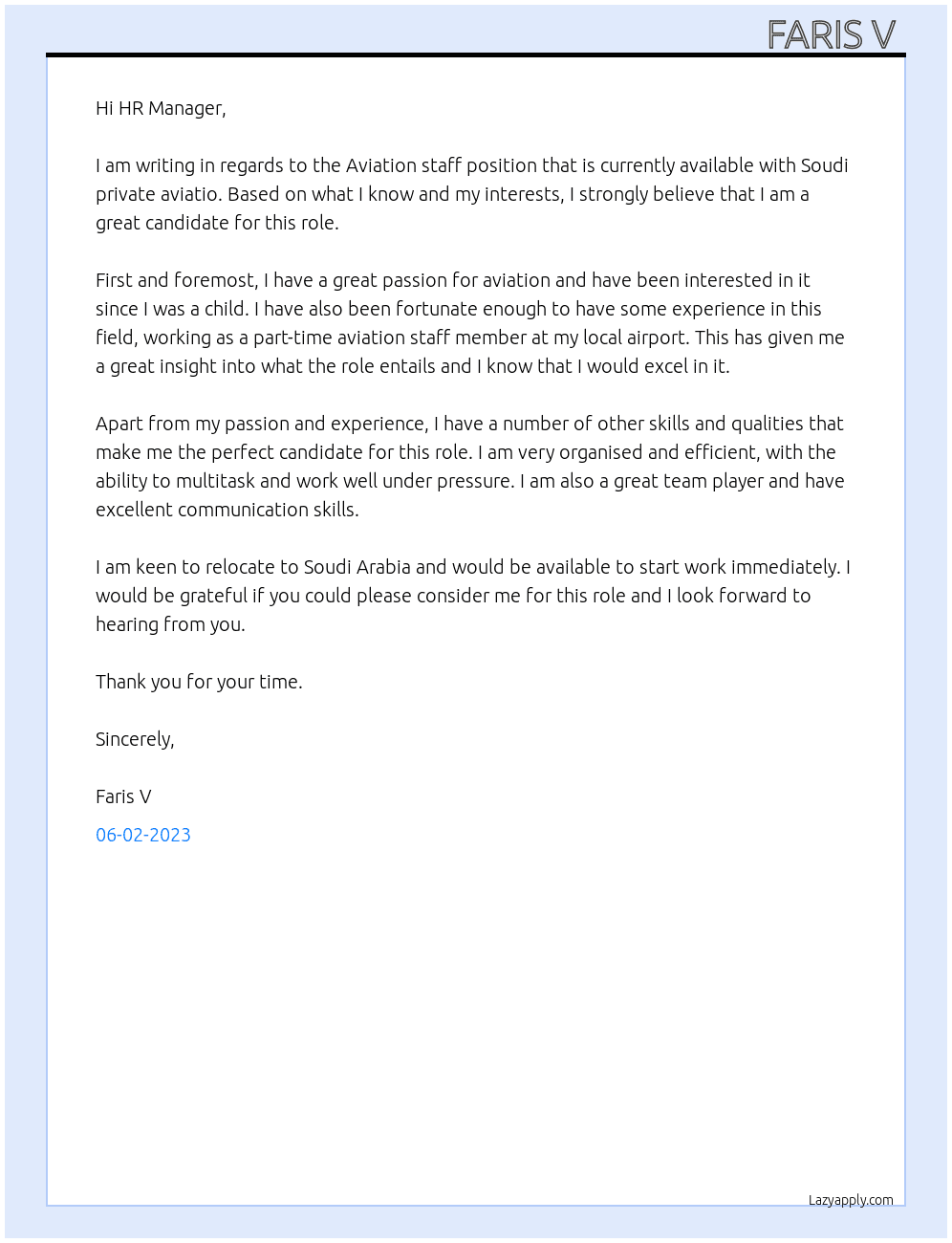 Aviation staff  At Soudi private aviatio  Cover Letter