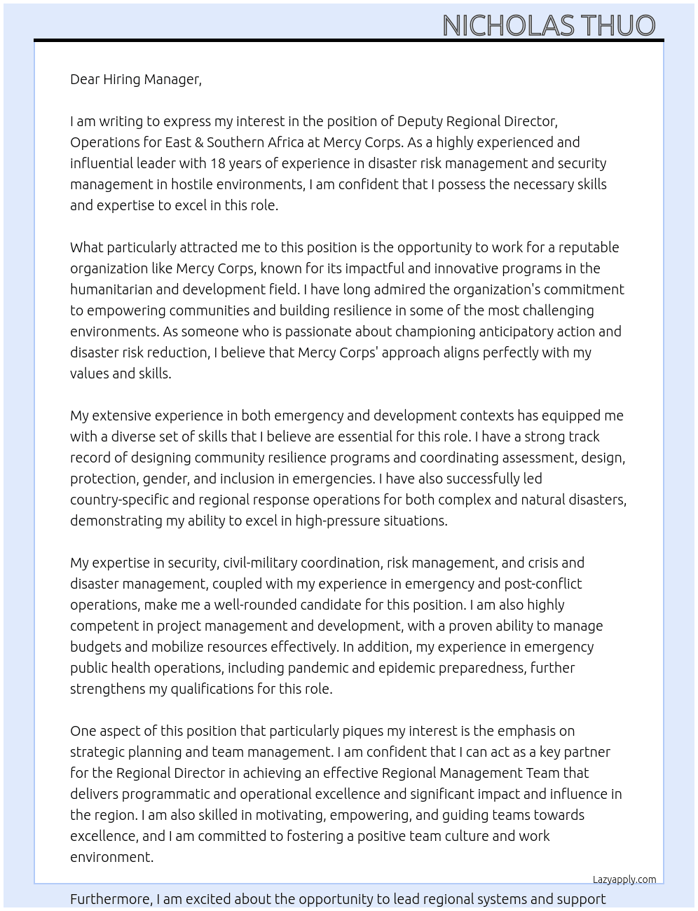 Deputy Regional Director, Operations - East & Southern Africa At Mercy Corps. Cover Letter