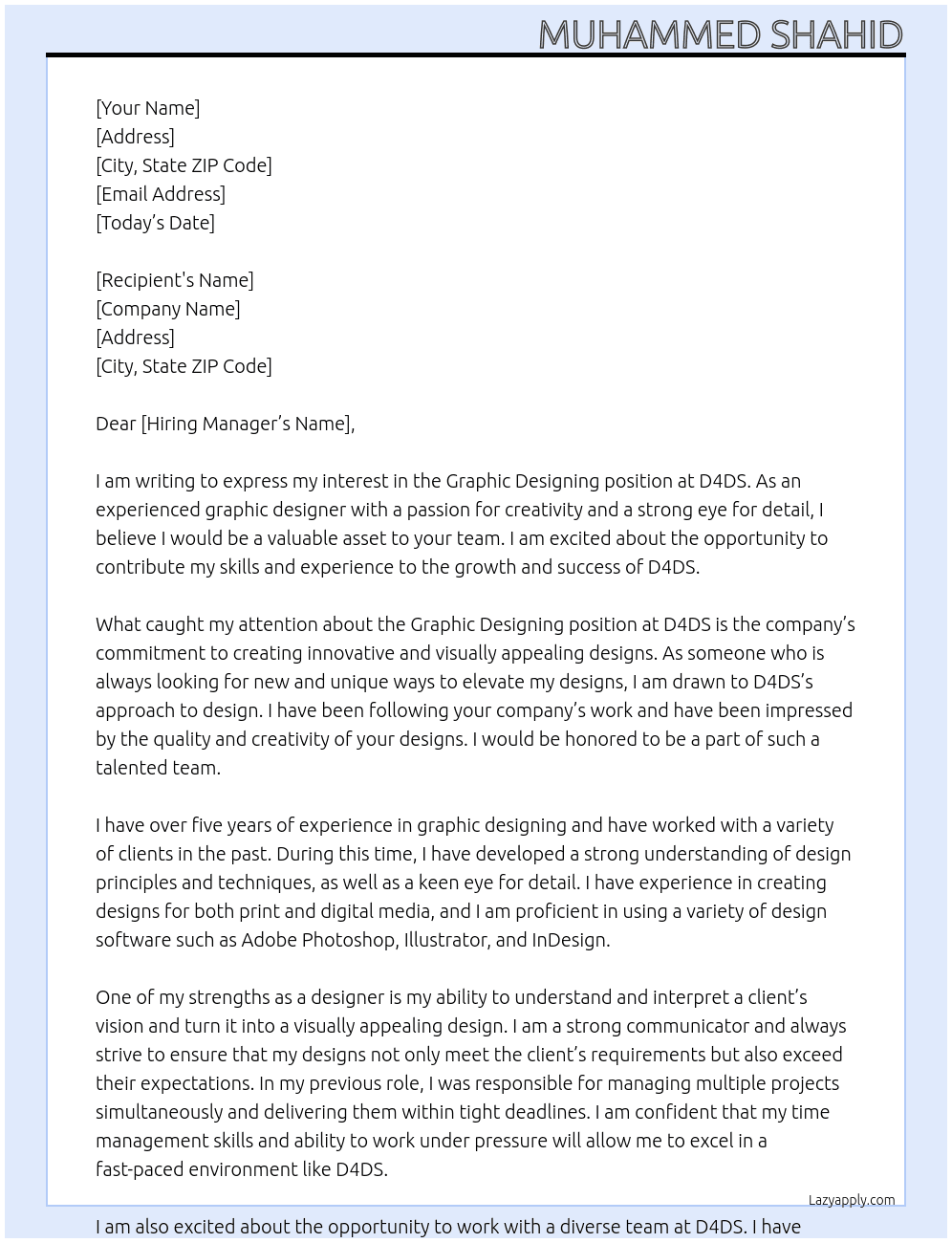 Graphic Designing At D4DS Cover Letter