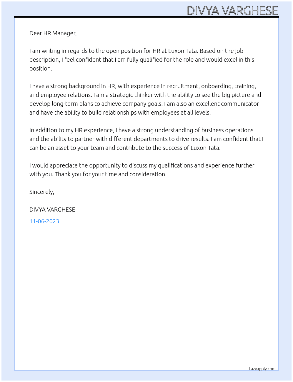 HR At Luxon Tata Cover Letter