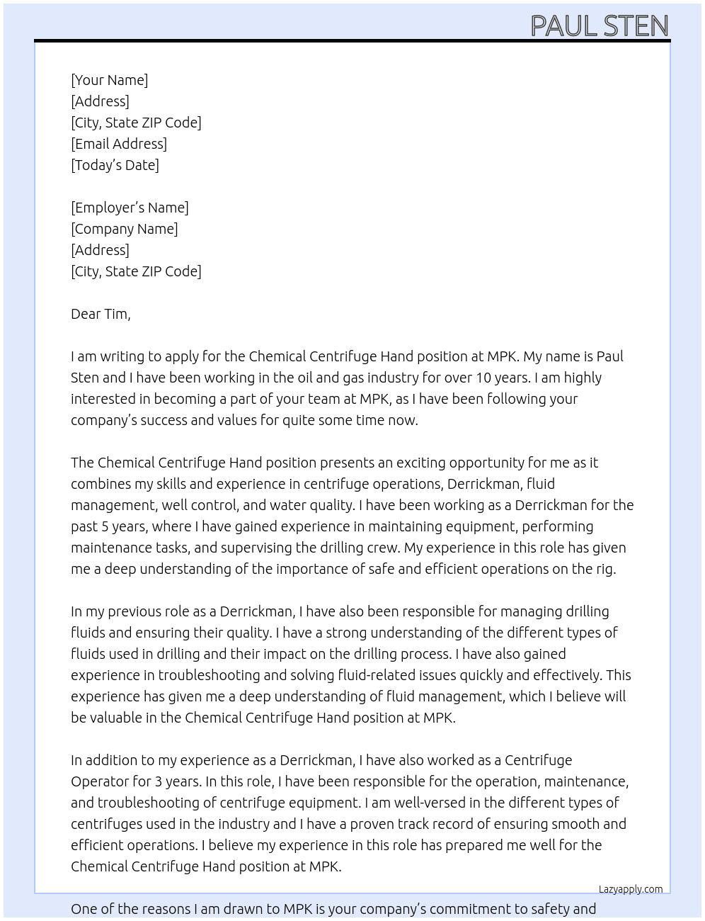 Chemical centrifuge hand At MPK  Cover Letter