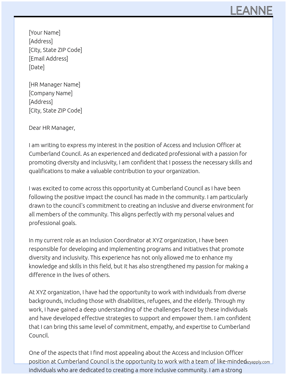 access and inclusion officer At cumberland council Cover Letter