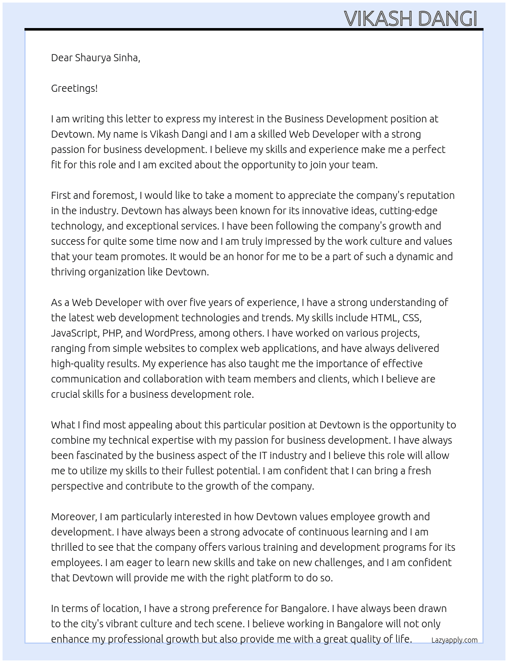 Business Development  At Devtown  Cover Letter