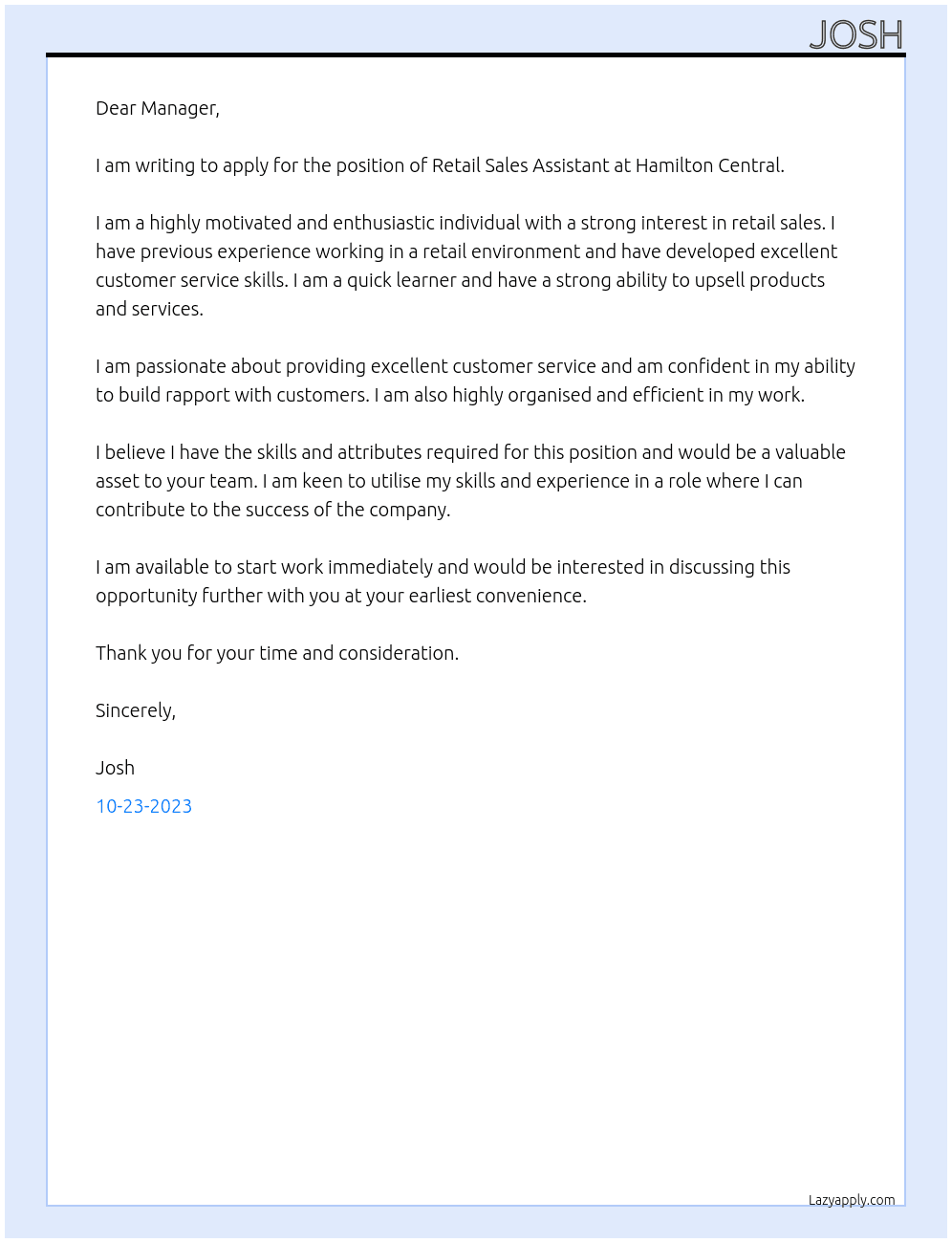 Retail Sales Assistant | Hamilton Central At Godfreys Cover Letter